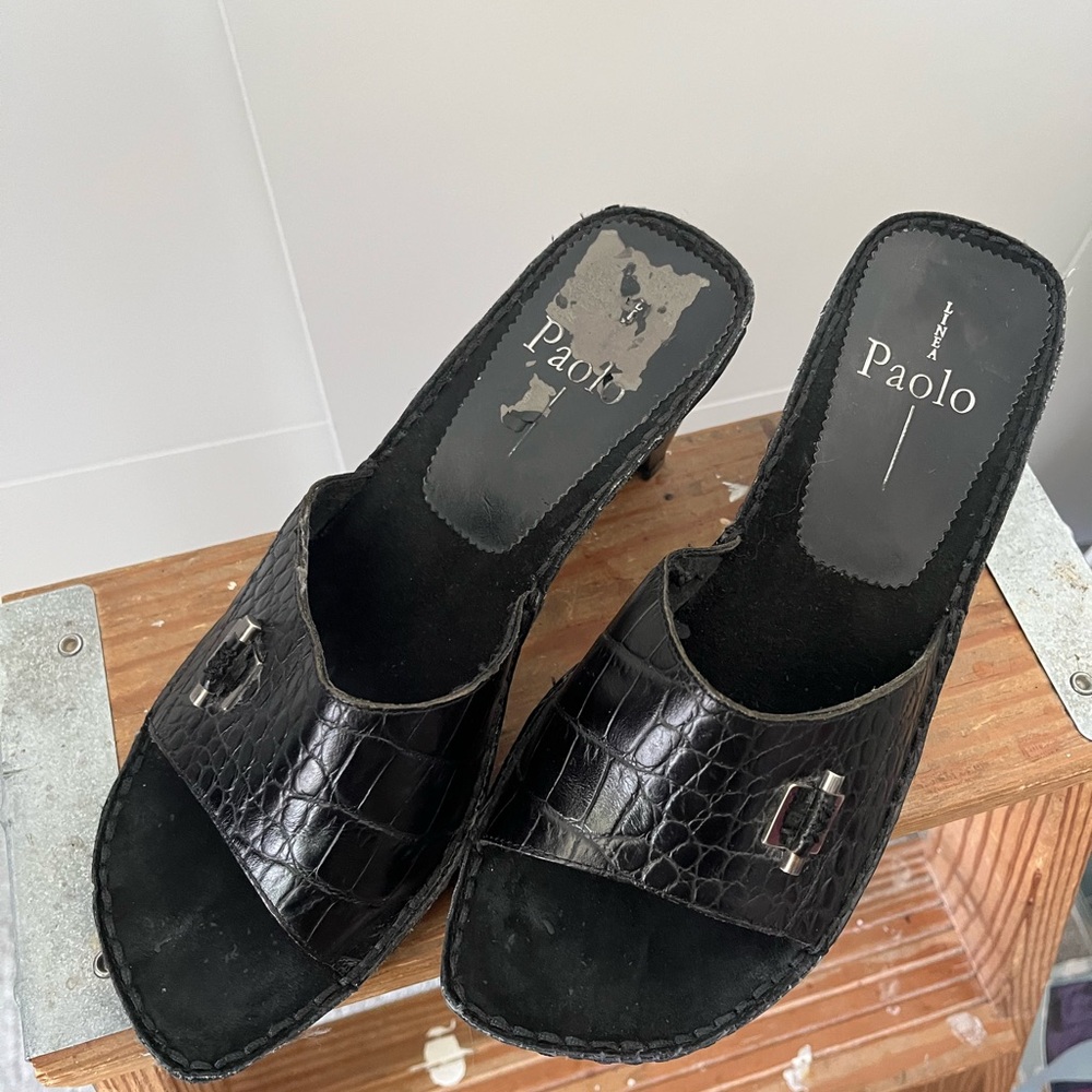 Paolo Black Croc-Pattern leather sandals peep toe mules size 7